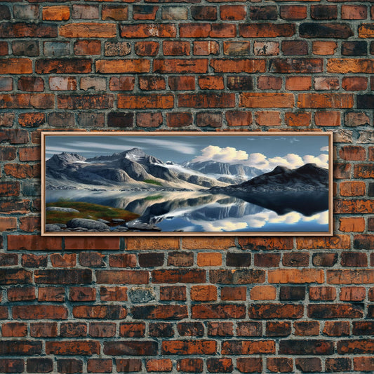 Panoramic Framed Canvas Print of Snow Covered Mountain & Reflection in Lake - Watercolor Landscape Painting for Home Decor