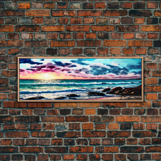 Vibrant Beach Panoramic Framed Canvas Print - Watercolor Landscape Painting with Clouds & Waves - For Home or Office Decor