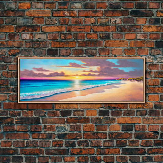 Panoramic Beach Sunset Framed Canvas Print, Watercolor Landscape Painting, Home & Office Decor