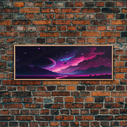 Beautiful Science Fiction Wall Art, Synthwave Style Scifi Art, Framed Canvas Print, Panoramic Alien Worlds and Star Filled Night Sky