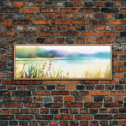 Abstract Nature Wall Art Print, Wildflowers, Lake, River,  Watercolor Art, Large Canvas Art Print, Panoramic, Wall Art, Canvas Print