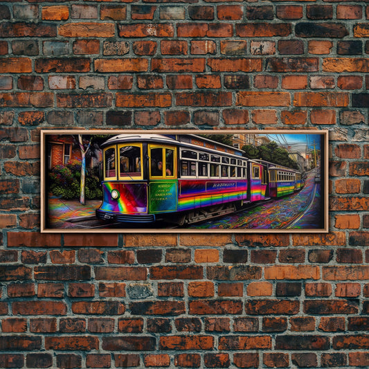 Urban Colored Pencil Canvas Print, Rainbow Art Print, Streetcar Canvas Print, Framed Print, Wall Decor, Panoramic, Wall Art, Canvas Print