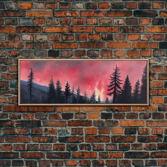 Abstract Forest Art, Woods Wall Art, Watercolor Forest Art, Forest Fire, Pink Flames, Large Canvas Print, Panoramic, Wall Art, Canvas Print