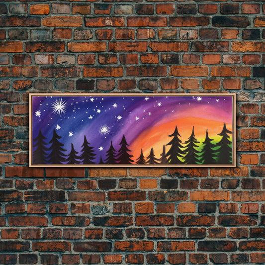 Vibrant Watercolor Forest Wall Art, Pine Trees, Colorful Sky, Large Abstract Wall Art Print, Wall Decor, Panoramic, Wall Art, Canvas Print