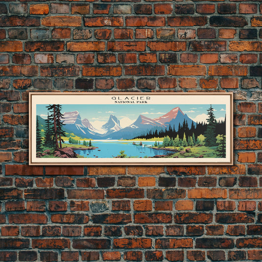 Glacier National Park Panoramic Montana Travel Art, National Park Print, Minimalist Travel Art, Subdued Watercolor Painting Panoramic