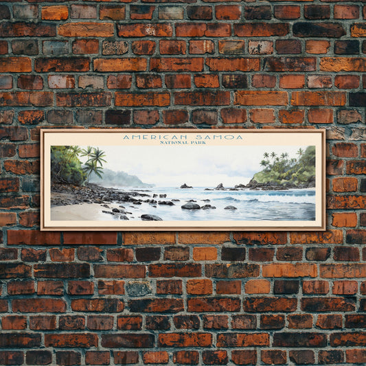 American Samoa National Park Panoramic Vatia Travel Art, National Park Print, Minimalist Travel Art, Subdued Watercolor Painting Panoramic