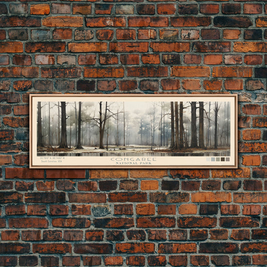 Congaree National Park Panoramic Travel Art, National Park Print, Minimalist Travel Art, Subdued Watercolor Painting Panoramic