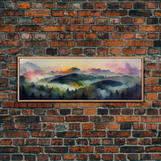 Dramatic Watercolor Sunset Landscape, Ready To Hang Canvas Print, Panoramic, Emerald Green Landscape Wall Decor