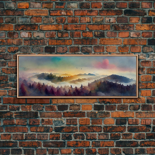 Dramatic Watercolor Sunset Landscape, Ready To Hang Canvas Print, Panoramic, Emerald Green Landscape Wall Decor, Watercolour Painting