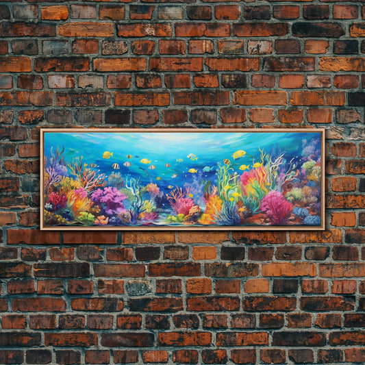 Panoramic Painting Of The Great Barrier Reef, Framed Canvas Print, Painting Print, Colorful Wall Decor