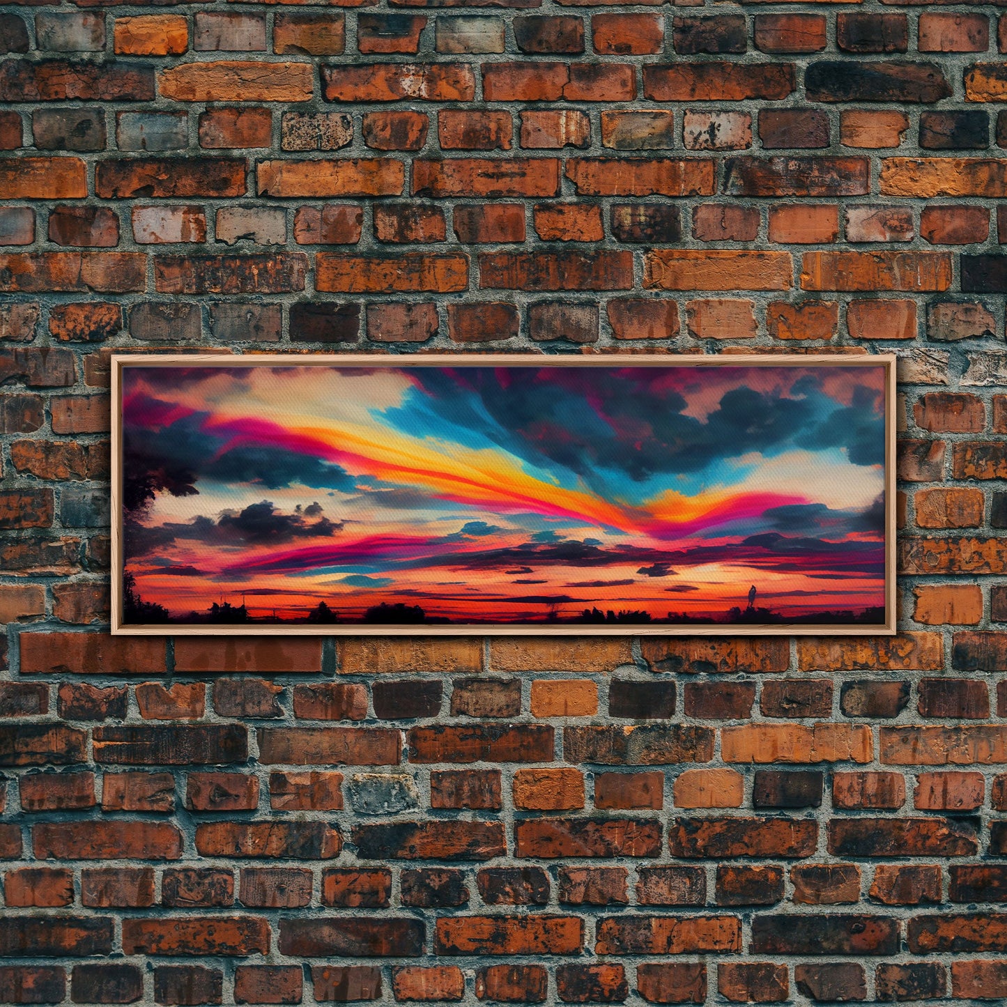 Beautiful Panoramic Watercolor Sunset, Extra Large Wall Art, Framed Panoramic Canvas Print, Framed Wall Art