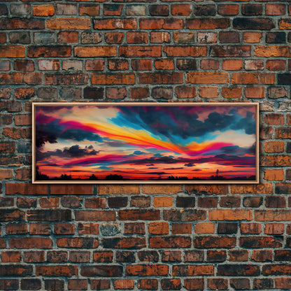 Beautiful Panoramic Watercolor Sunset, Extra Large Wall Art, Framed Panoramic Canvas Print, Framed Wall Art