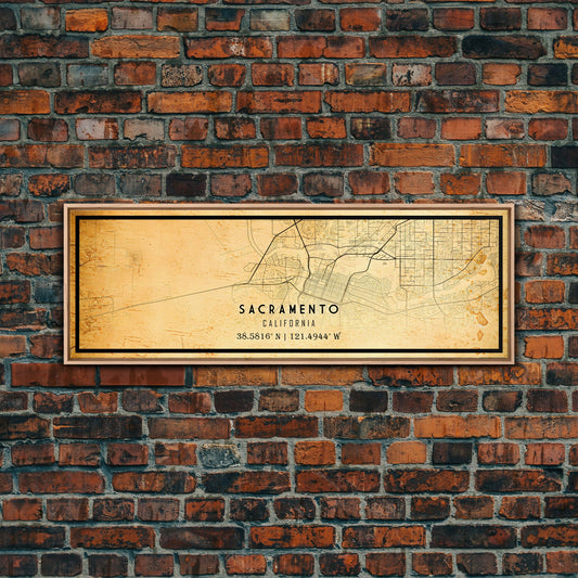 Panoramic Vintage Sacramento map print poster or framed canvas | Sacramento city map print poster canvas | California print poster canvas