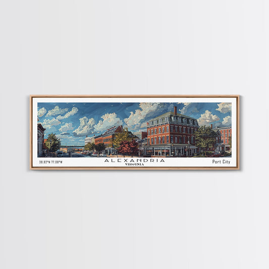 Alexandria Virginia Panoramic Painting, Watercolor Framed Canvas Print, Scenic City Art, Travel Poster, Wall Hanging, Home Decor, Living Room Art
