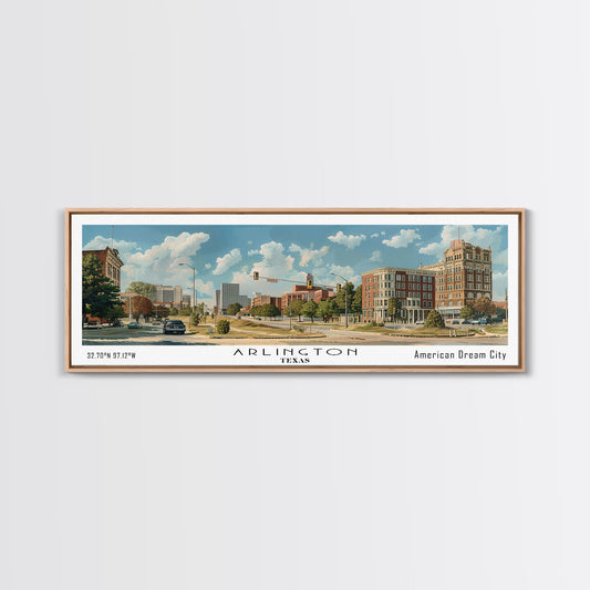 Arlington Texas Panoramic Painting, Watercolor Framed Canvas Print, Scenic City Art, Travel Poster, Wall Decor, Living Room Art, Gift Idea