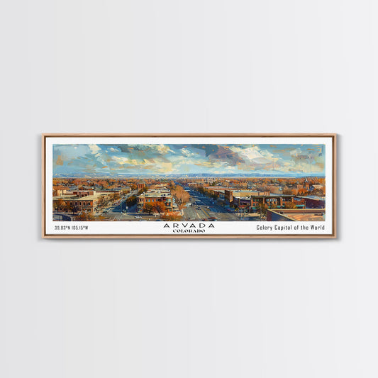 Arvada Colorado Panoramic Painting, Watercolor Framed Canvas Print, Scenic City Art, Travel Poster, Home Decor, Wall Art, Gift Idea