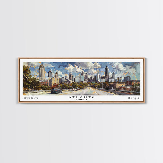 Atlanta Georgia Panoramic Watercolor Painting, Framed Canvas Print, Scenic City Art, Travel Poster, Home Decor, Wall Art, Office Wall Art