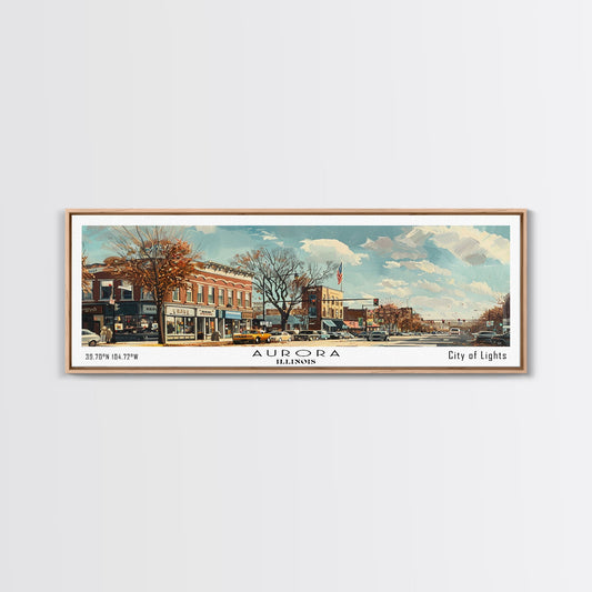 Aurora Illinois Panoramic Painting, Watercolor Framed Canvas Print, Scenic City Art, Travel Poster, Home Decor, Wall Art, Gift Idea
