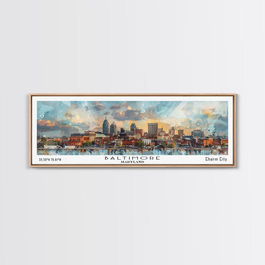 Baltimore Maryland Panoramic Painting, Watercolor Framed Canvas Print, Scenic City Art, Travel Poster, Home Decor, Wall Hanging, Office Wall Art