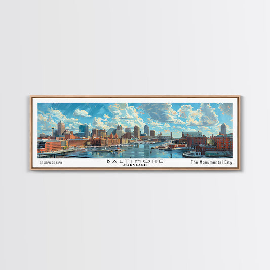 Baltimore Maryland Panoramic Watercolor Painting, Framed Canvas Print, Scenic City Art, Travel Poster, Wall Decor, Living Room Art, Gift Idea