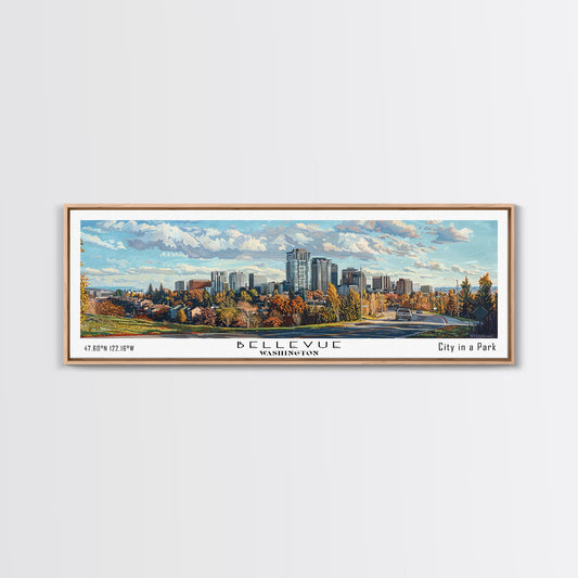 Bellevue Washington Panoramic Painting, Watercolor Framed Canvas Print, Scenic City Art, Travel Poster, Home Decor, Wall Art, Office Wall Art
