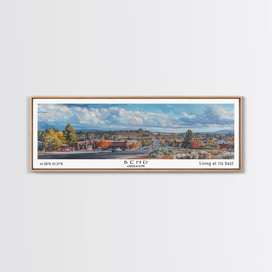 Bend Oregon Panoramic Watercolor Painting, Framed Canvas Print, Scenic City Art, Travel Poster, Wall Decor, Living Room Art, Gift Idea