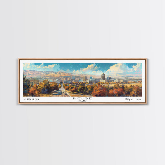 Boise Idaho Panoramic Watercolor Painting, Framed Canvas Print, Scenic City Art, Travel Poster, Wall Decor, Living Room Art, Gift Idea