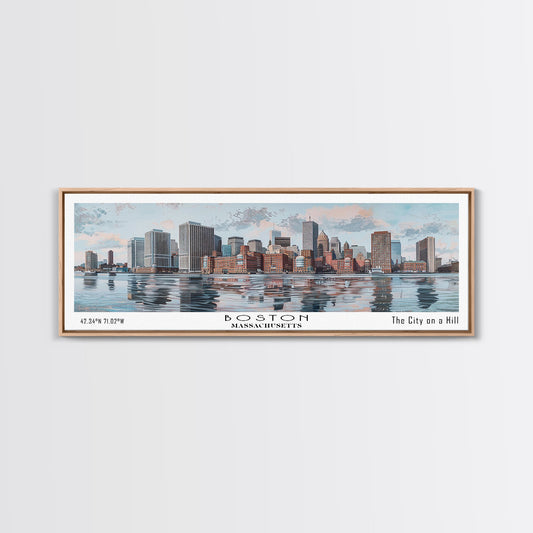 Boston Massachusetts Panoramic Painting, Watercolor Framed Canvas Print, Scenic City Art, Travel Poster, Home Decor, Wall Art, Office Wall Art