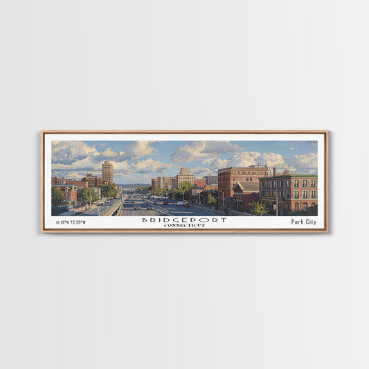 Bridgeport Connecticut Panoramic Painting, Watercolor Framed Canvas Print, Scenic City Art, Travel Poster, Home Decor, Wall Art, Office Wall Art