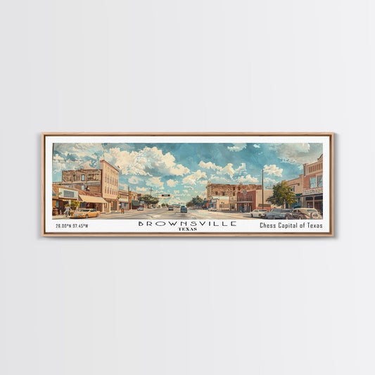 Brownsville Texas Panoramic Painting, Watercolor Framed Canvas Print, Scenic City Art, Travel Poster, Wall Decor, Living Room Art, Gift Idea