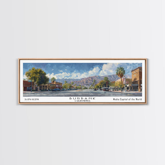 Burbank California Panoramic Watercolor Painting Framed Canvas Print, Travel Poster Art, Home Decor, Charming Cityscape, Bedroom Wall Art, Office Decoration, Gift for Travelers