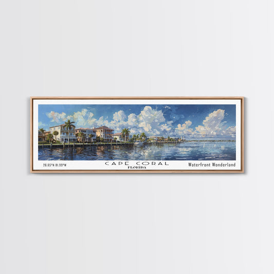 Cape Coral Florida Panoramic Watercolor Painting Framed Canvas Print, Travel Poster Art, Coastal Cityscape, Living Room Decor, Wall Hanging, Office Art, Unique Gift Idea
