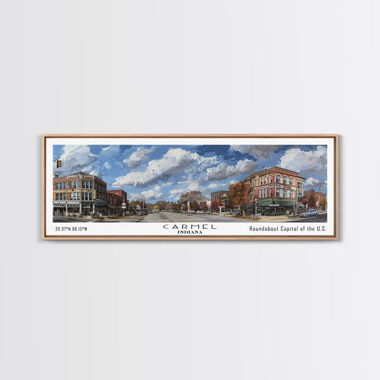 Carmel Indiana Panoramic Watercolor Painting Framed Canvas Print, Travel Poster Art, Home Decor, Picturesque Indiana Cityscape, Living Room Wall Art, Office Decoration, Gift for Art Lovers