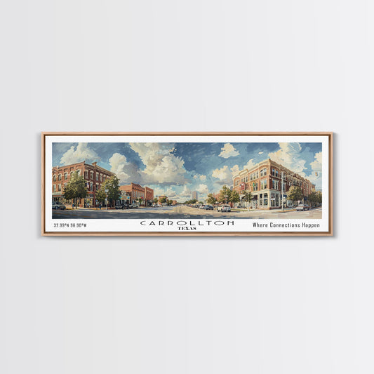 Carrolton Texas Panoramic Watercolor Painting Framed Canvas Print, Travel Poster Art, Home Decor, Vibrant Texas Cityscape, Living Room Wall Art, Office Decoration, Gift for Texans