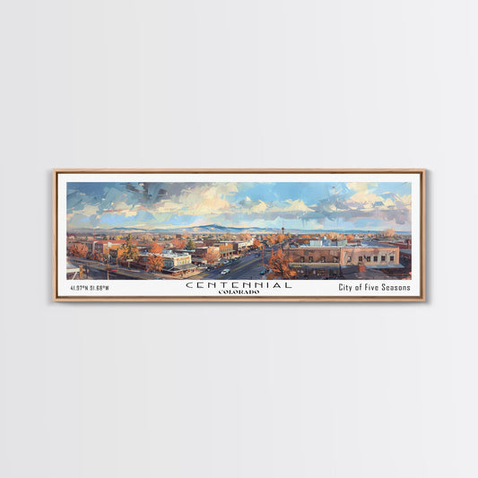 Centennial Colorado Panoramic Watercolor Painting Framed Canvas Print, Travel Poster Art, Home Decor, Mountain Cityscape, Bedroom Wall Art, Office Decoration, Unique Travel Gift