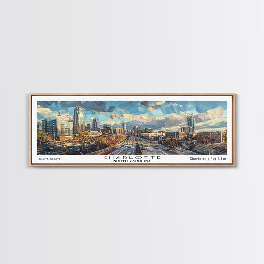 Charlotte North Carolina Panoramic Watercolor Painting Framed Canvas Print, Travel Poster Art, Urban Landscape, Home Decor, Bedroom Wall Art, Office Decoration, Unique Travel Gift