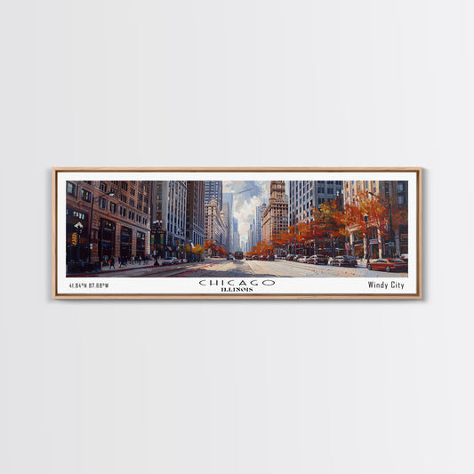 Chicago Illinois Panoramic Watercolor Painting Framed Canvas Print, Travel Poster Art, Urban Cityscape, Home Decor, Living Room Wall Art, Office Decoration, Gift for Chicago Lovers