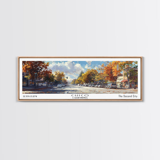 Chico California Panoramic Watercolor Painting Framed Canvas Print, Travel Poster Art, Picturesque Landscape, Home Decor, Living Room Wall Art, Office Decoration, Unique Travel Gift