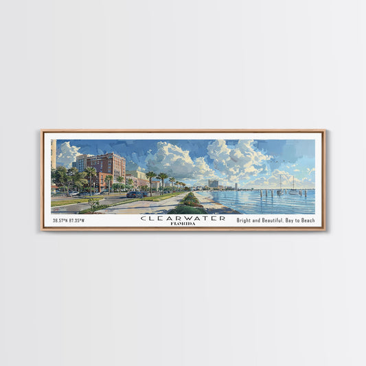 Clearwater Florida Panoramic Watercolor Painting Framed Canvas Print, Travel Poster Art, Coastal View, Home Decor, Wall Hanging, Office Art, Gift for Beach Lovers