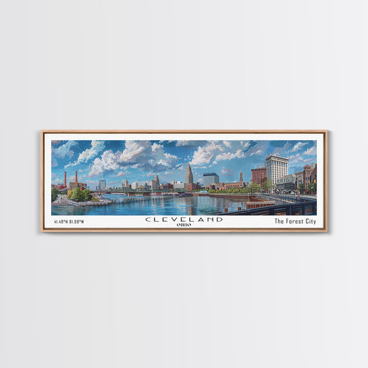 Cleveland Ohio Panoramic Watercolor Painting Framed Canvas Print, Travel Poster Art, Urban Landscape, Bedroom Wall Art, Living Room Decoration, Office Wall Art, Ohio-Themed Gift