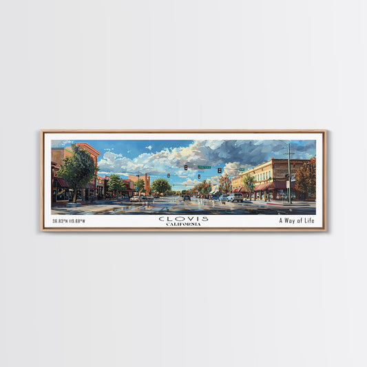 Clovis California Panoramic Watercolor Painting Framed Canvas Print, Travel Poster Art, Picturesque Landscape, Home Decor, Living Room Wall Art, Office Decoration, Unique Travel Gift