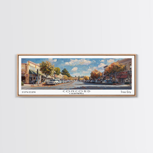 Concord California Panoramic Watercolor Painting Framed Canvas Print, Travel Poster Art, Picturesque Landscape, Living Room Decor, Wall Art, Office Decoration, Unique Travel Gift
