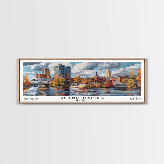 Grand Rapids Michigan Panoramic Watercolor Painting, Urban Framed Canvas Print, Cityscape Wall Art for Office, Travel Decor, Home Gift Idea
