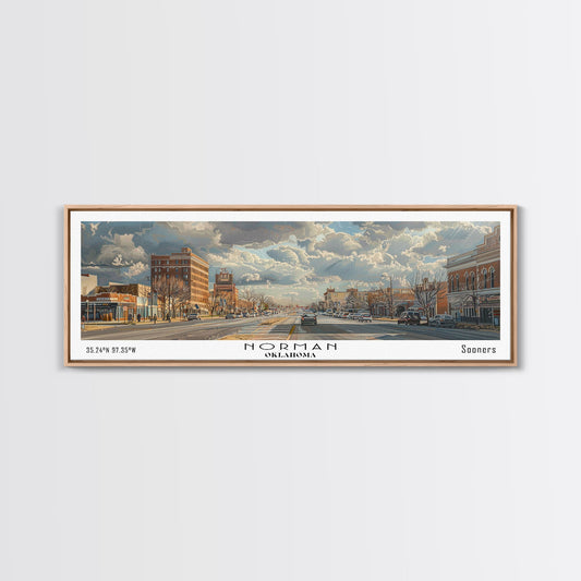 Norman Oklahoma Panoramic Framed Canvas Print, Cityscape Watercolor Painting, Travel Poster for Home Decor, Modern Wall Art, Unique Gift Idea