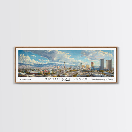 North Las Vegas Nevada Panoramic Framed Canvas Print, Cityscape Watercolor Painting, Travel Poster, Modern Home Decor, Unique Gift Idea