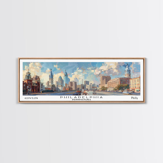 Philadelphia Pennsylvania Panoramic Painting, Framed Canvas Print, Stunning Cityscape Watercolor Art, Travel Poster, Modern Home Decor