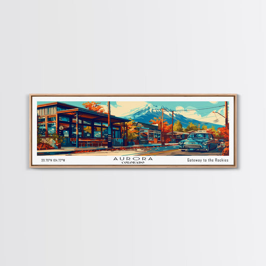 Aurora Colorado Panoramic Painting Framed Canvas Print, Mid Century Modern Art, Pop Art Style, Travel Poster, Wall Art Decor, Retro Style