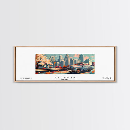 Atlanta Georgia Panoramic Painting, Mid Century Modern Framed Canvas Print, Retro Pop Art Travel Poster, Wall Decor, Gift Idea, Home Decor