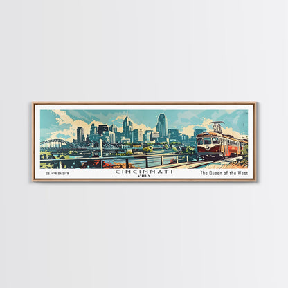 Cincinnati Ohio Panoramic Wall Art, Retro Pop Art Framed Canvas Print, Mid Century Modern Travel Poster, Living Room Decor, Wall Hanging, Office Art