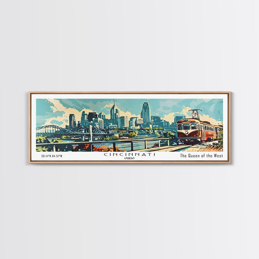 Cincinnati Ohio Panoramic Wall Art, Retro Pop Art Framed Canvas Print, Mid Century Modern Travel Poster, Living Room Decor, Wall Hanging, Office Art